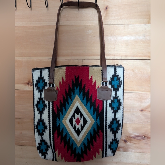 None Handbags - Geometric Patterned Tote Bag - Red, Blue, and Brown, Large, Brand New